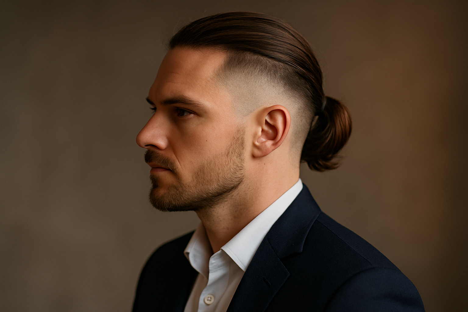 Klassischer Männerzopf mit sanftem Low Fade