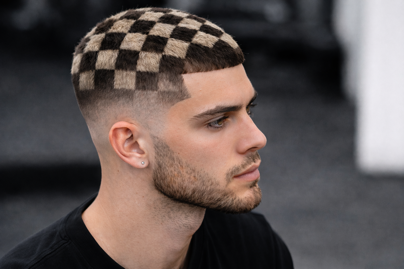 Checkerboard haircut in urban setting