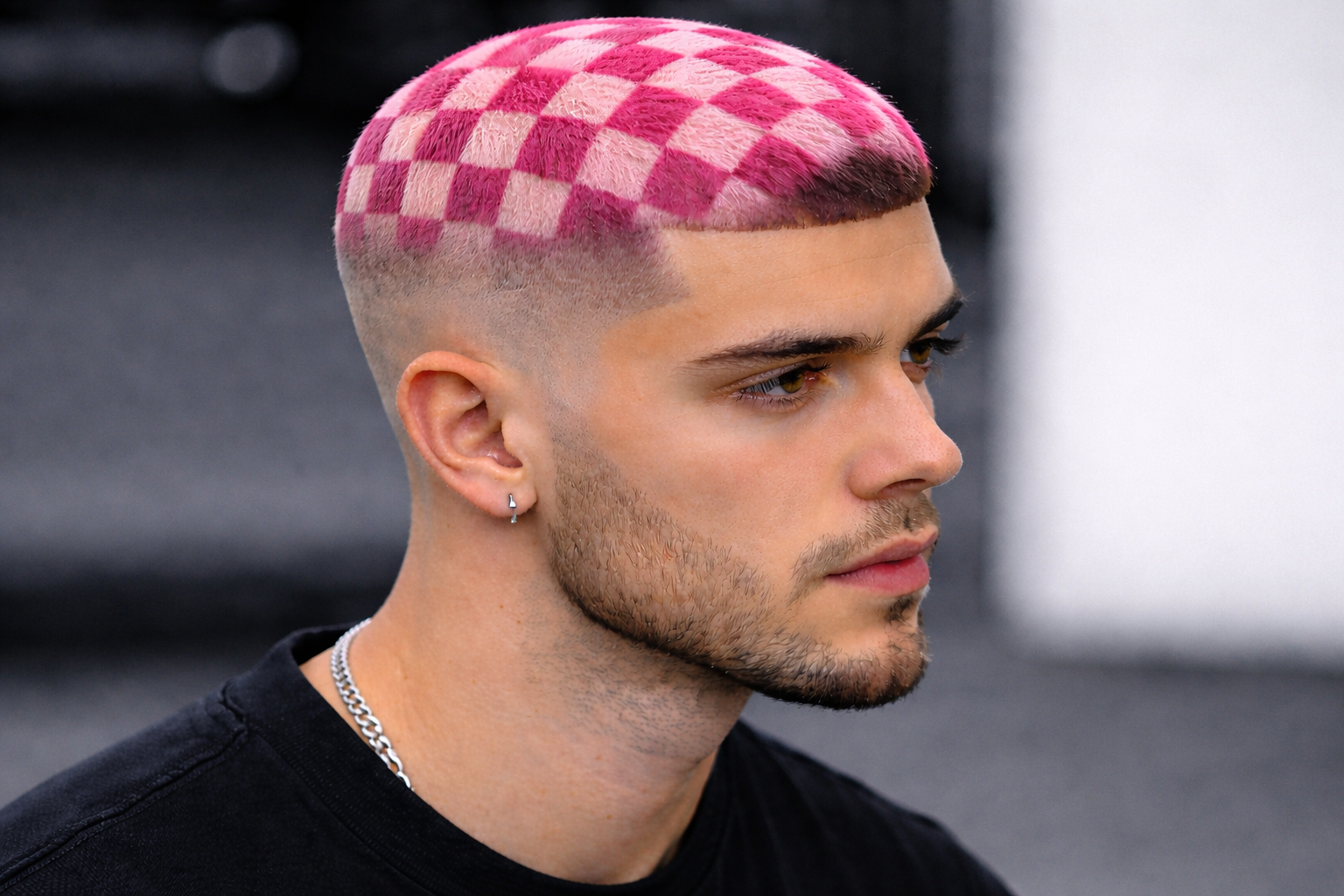 Checkerboard hairstyle in pink and blonde