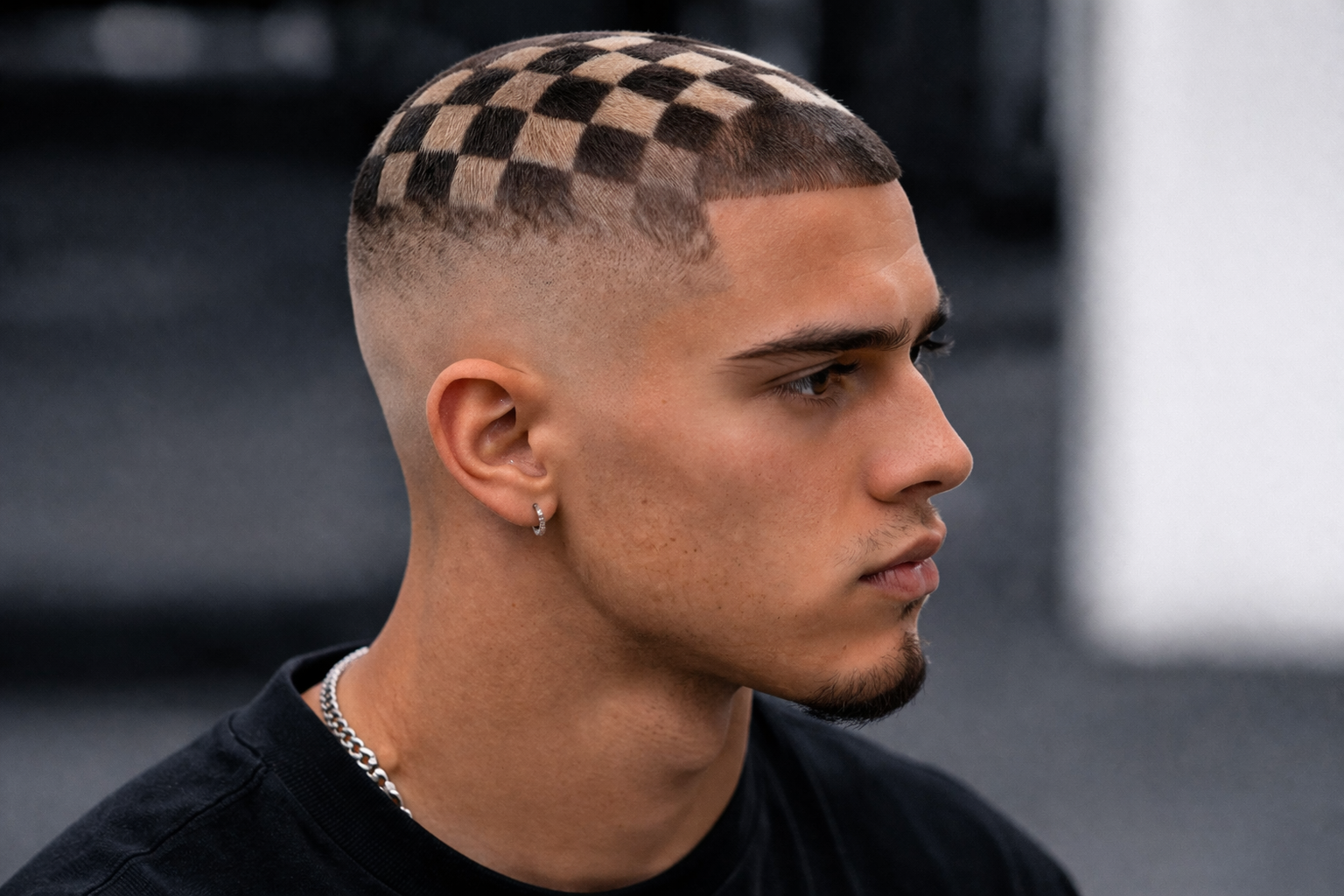 Geometrisches Kurzhaarporträt mit Checkermuster