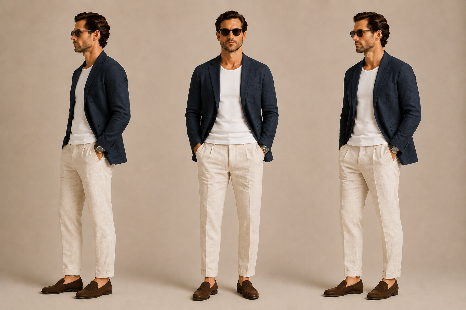 Der Abend-Look: Dunkler Blazer und Leinenhose