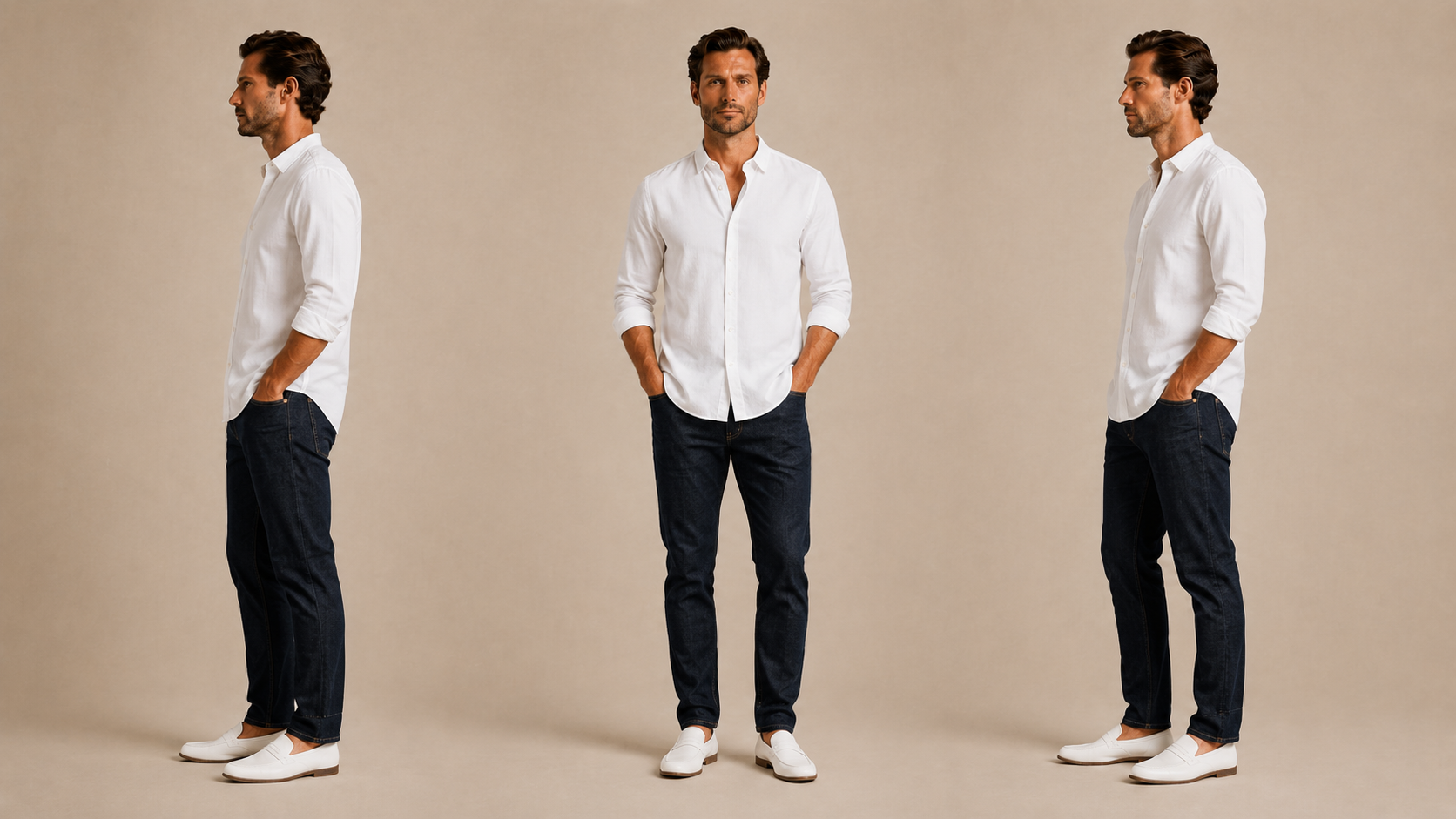 Weißes Hemd und dunkle Jeans