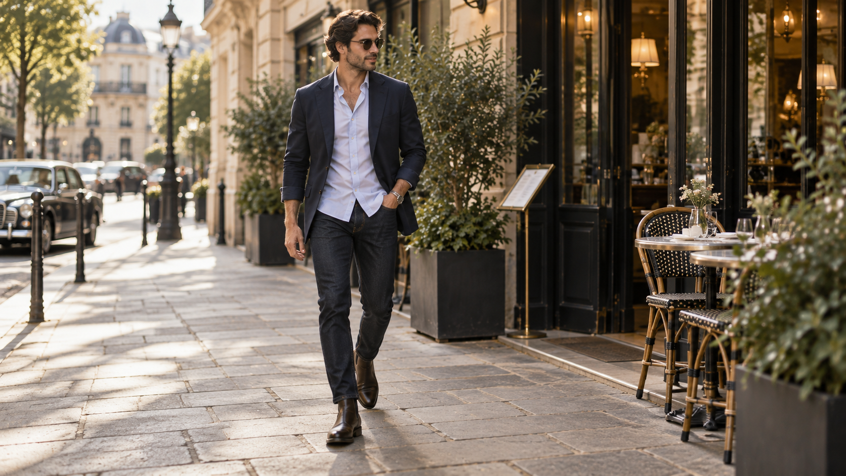 Blazer, Hemd und dunkle Jeans